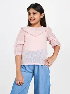 Global Desi Peach Puff Sleeve Ruffles A-Line Top