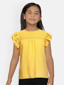 Global Desi Girls Yellow Flutter Sleeves Cotton Top