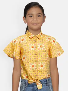 Global Desi Girls Yellow Floral Printed Flared Sleeves Cotton Top