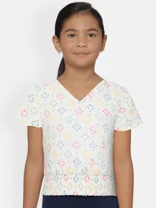 Global Desi Girls Off White Geometric Printed Pure Cotton Top