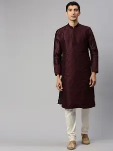 Manyavar Men Burgundy Embroidered Kurta with Churidar