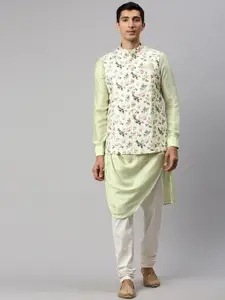 Manyavar Men Green & Multicoloured Printed Kurta & Churidar with Nehru Jacket