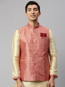 Manyavar Men Pink & Gold-Toned Woven Design Nehru Jacket