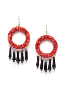 Blueberry Red & Black Gold-Plated Handcrafted Tasselled Beaded Circular Drop Earrings