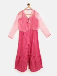 NAAV BY AVNEET Girls Pink & Golden Striped & Ditsy Dots Print Basic Jumpsuit & Sheer Shrug