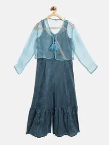 NAAV BY AVNEET Girls Teal Blue Striped Cotton Jumpsuit with Sequinned Detail & Shrug