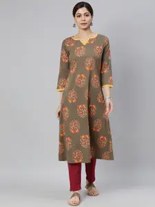 AHIKA Women Taupe & Yellow Floral Printed Kurta with Lace Detail