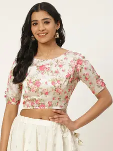 Studio Shringaar Women Off-White & Pink Satin Finish Floral Print Saree Blouse