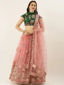 panchhi Pink & Green Embroidered Semi-Stitched Lehenga & Unstitched Blouse with Dupatta