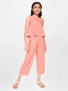 Global Desi Girls Coral Printed Top with Trousers