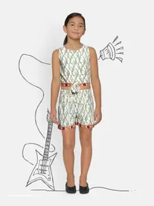 Global Desi Girls Off-White & Blue Printed Top with Shorts