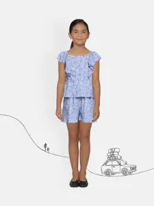 Global Desi Girls Blue & White Floral Printed Top with Shorts
