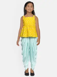 Global Desi Girls Yellow & Blue Printed Top with Dhoti Pants