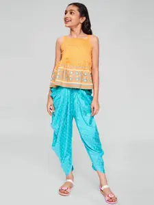 Global Desi Girls Orange & Blue Printed Top with Dhoti Pants