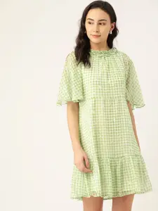 AND Women Green & White Checked A-Line Dobby Weave Tiered Dress