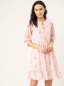 AND Women Pink & White Checked A-Line Tiered Dress