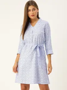 AND Women Blue Printed A-Line Dress