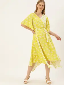 AND Women Yellow & White Printed Fit and Flare Dress
