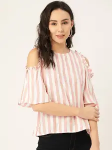 AND Women Mauve & White Striped Cold-Shoulder Top