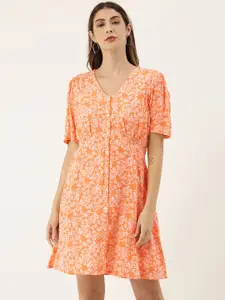 AND Women Orange Printed Fit and Flare Dress