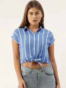 AND Women Blue Striped Shirt Style Crop Top