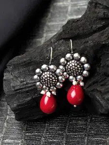 FIROZA Red & Off-White Oxidized German Silver Floral Drop Earrings
