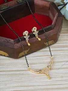 FIROZA Black Gold-Plated AD-Studded Beaded Mangalsutra & Earrings Set