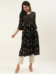 Varanga Women Black & Golden Printed A-Line Kurta