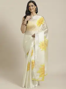 Inddus Off-White & Yellow Organza Floral Printed Saree