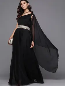 Inddus Women Stylish Black Solid One-Shoulder Dress with Embellished Belt