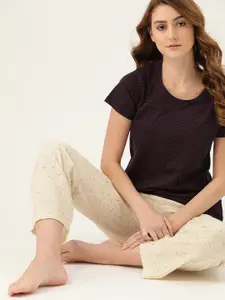 ETC Women Navy Blue & Red Pure Cotton Striped Lounge T-Shirt