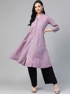Jompers Women Lavender & Black Woven Design Jacquard A-Line Kurta