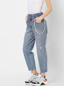 ONLY Women Blue LU Carrot Fit High-Rise Low Distress Jeans with a Chain