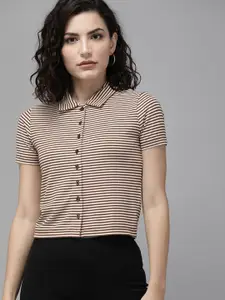 ONLY Women Off-White & Maroon Regular Fit Striped Ribbed Casual Shirt
