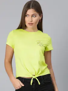 ONLY Women Fluorescent Green Solid Round Neck Organic Cotton T-shirt