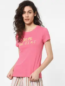 ONLY Women Pink Printed Round Neck Organic Cotton T-shirt