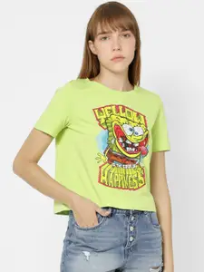 ONLY Women Green Spongebob Printed Round Neck Pure Cotton T-shirt