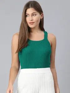 ONLY Women Green Ribbed Square Neck Tank Top