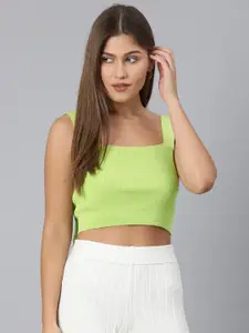 ONLY Women Green Ribbed Fitted Crop Top