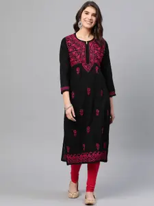 ADA Women Black & Magenta Chikankari Hand Embroidered Straight  Handloom Kurta