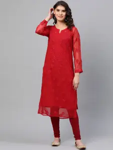 ADA Women Red Chikankari Embroidered Straight Kurta with Inner