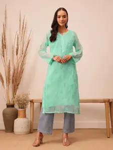 ADA Women Sea Green Chikankari Embroidered Straight  Handloom Kurta With Slip