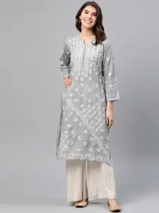 ADA Women Grey & White Chikankari Embroidered Straight  Kurta