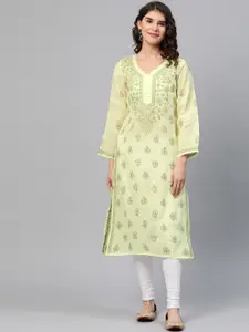 ADA Women Lime Yellow Chikankari Embroidered Pure Cotton Straight Sustainable Handloom Kurta