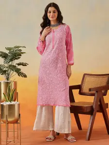ADA Women Pink & White Chikankari Embroidered Straight  Handloom Kurta