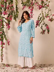 ADA Women Blue & White Chikankari Embroidered Straight  Handloom Kurta with Inner