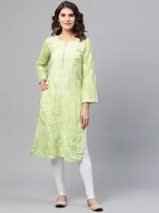 ADA Women Green & White Chikankari Embroidered Cotton Straight  Kurta