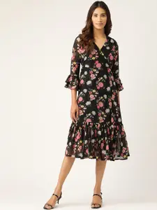 WISSTLER Women Black & Pink Floral Print Wrap Dress