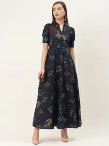Deewa Women Navy Blue & Green Floral Print Maxi Dress