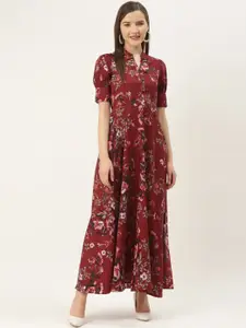Deewa Women Maroon & Olive Green Floral Printed Maxi Dress